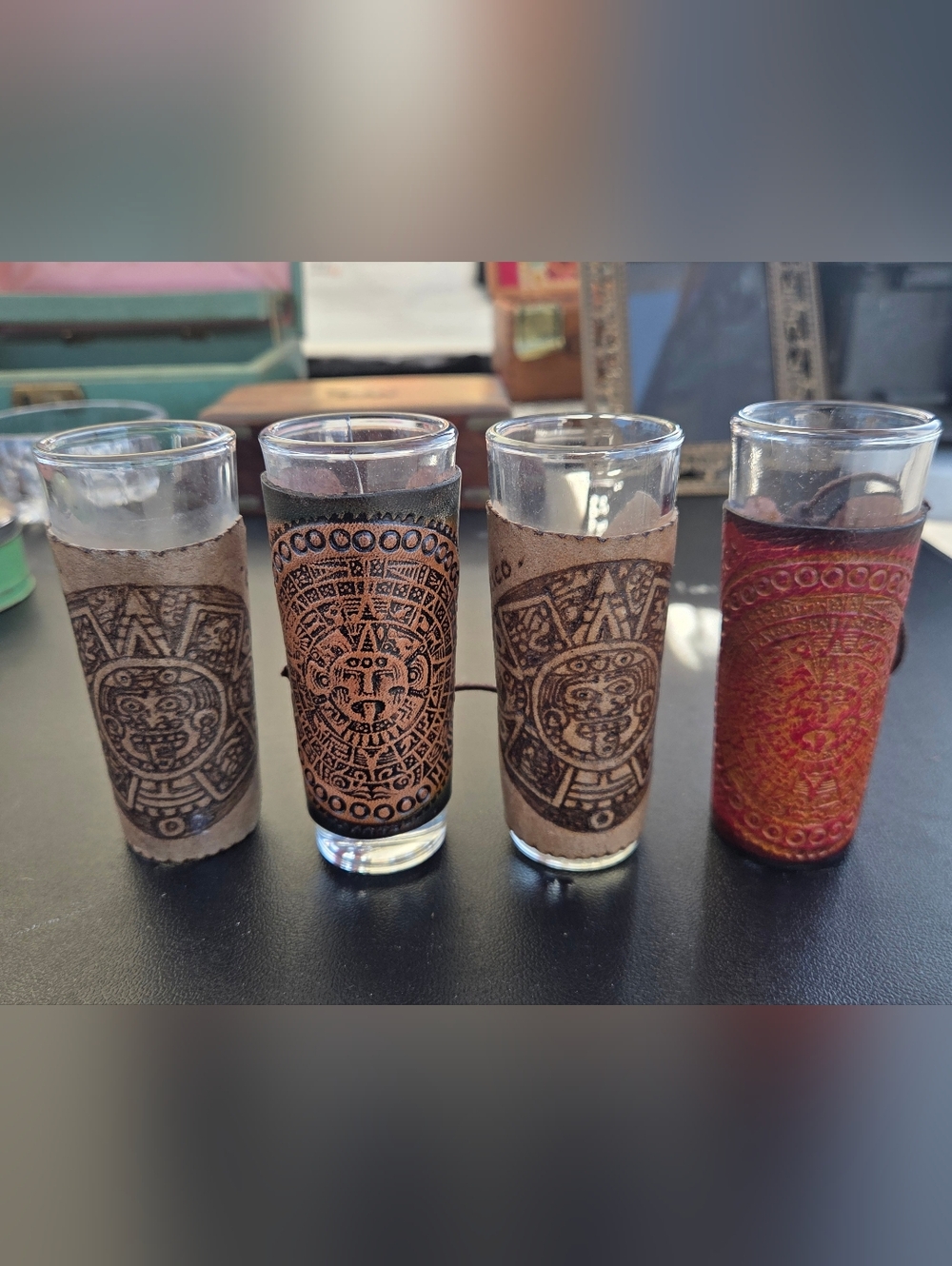 Handcrafted Aztec Pattern Shot Glass Set Of 4- Brown Leather Wrap